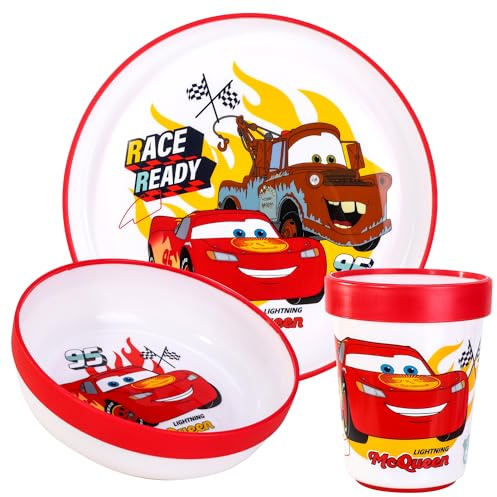 Cars 3pcs Reusable Bicolor Premium Kids Dinner Tableware Set Plate, Bowl & Tumbler, BPA Free