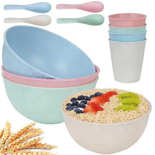 Zythrem Unbreakable Cereal Bowls Set of 4 Reusable Plastic Bowls Lightweight Breakfast Bowls with Spoons & Cups 655ml Dishwasher & Microwave Safe Large Soup Bowl for Adults Camping Parties Picnic