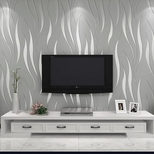 Anttyscar 3D Embossed Grey Wallpaper for Livingroom Bedroom Non-Woven Wave Stripes Roll Silver Glitter Wallpaper Feature Stripe Modern Geometric Patterned A