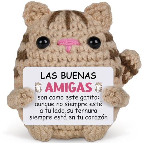 Regalo Amiga, Amigurumi Gato Tejido a Mano - Muñeco de Ganchillo con Mensaje de Amistad Siempre Contigo - Regalo Amiga Cumpleaños, Regalo para Mejor Amiga, Peluche Decorativo para el Hogar o el Sofá