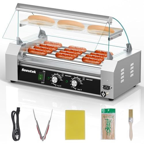 Seeutek Hot Dog Roller 5 Rollers 12 Hot Dogs Capacity 1100W Stainless Sausage Grill Cooker Machine with Dual Temp Control Bun Warmer Shelf Removable Oil Drip Tray, ETL Certified (5 Rollers Silver)