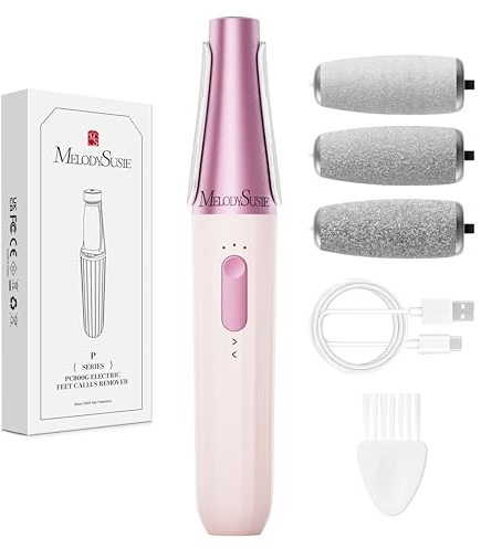 MelodySusie Foot Files for Hard Skins, PC800G Electric Callus Remover for Feet IPX7 Waterproof Rechargeable Pedicure Tool with LED Light & 3 Grits Roller Heads & Adjustable Speeds (Pink)