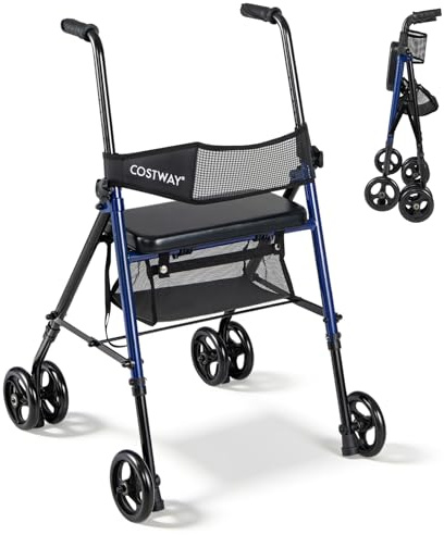 COSTWAY Deambulateur 4 Roues Pliable, Déambulateur avec Siège Hauteur Réglable à 8 Niveaux Dossier en Maille Sac de Rangement, Rollator Léger Charge 136 kg, pour Personnes Âgées, Bleu
