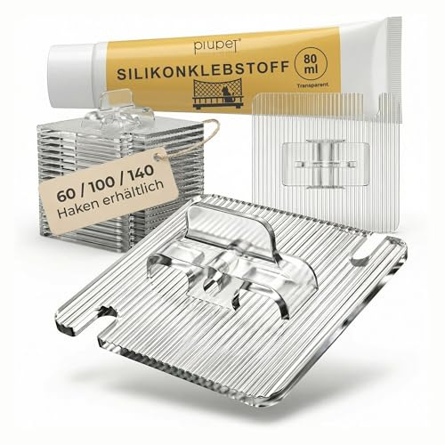 PiuPet® självhäftande krokar för kattnät utan borrning | montering av kattnät för balkong och fönster | transparenta krokar med silikonlim | väderbeständig (140 krokar + 2 st. 80 ml lim)