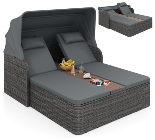 COSTWAY Letto Prendisole Matrimoniale per 2 Persone, Lettino da Giardino in Rattan con Tetto Retrattile e Schienali Regolabili, Isola Prendisole con Tavolino e Portabicchieri per Relax (Grigio)