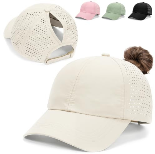 Kanzith Ponytail Baseball Cap for Women, High Messy Bun Ponycap Quick Drying Mesh Summer Outdoor Sports Hat with Ponytail Hole, Adjustable Hat - Beige