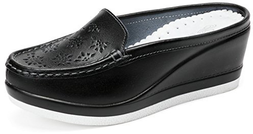 Solshine Damen Leder Blumen Plateau Keilabsatz Slipper Pantoffeln Schwarz3 39EU