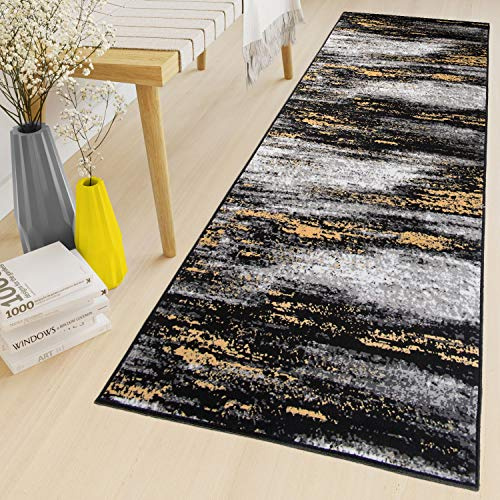 TAPISO Maya Teppich Läufer Meterware Kurzflor Wohnzimmer Flur Küche Modern Brücke Grau Gelb Schwarz Verwischt Meliert Design ÖKOTEX 60 x 250 cm
