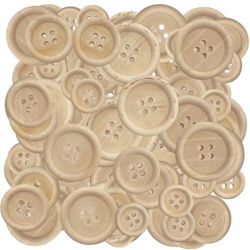 MIJOMA 120 stycken träknappar för pyssel och sömnad, olika storlekar, rund knapp med 4 hål, för scrapbooking, hantverk, gör-det-själv-pyssel, dekoration (natur)