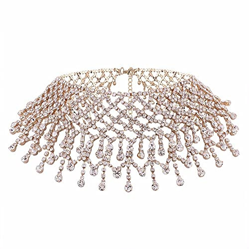 COLORFUL BLING Luxury Rhinestone Full Crystal Tassel Choker Necklace for Women Party Wedding Bridal Bridesmaid Costume Neck Jewelry Accessories-Gold