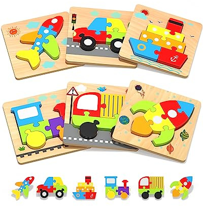 Yetonamr Wooden Toddler Puzzles Gifts Toys for 1 2 3 Years Old Boys Girls, 6 Vehicle Shape Montessori Toys Educational Blocks Kids Toys Gift Baby Learning Toy Age 1-3, 2-4