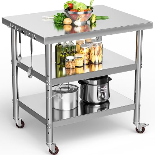 YITAHOME NSF Stainless Steel Table, 36 X 24 Worktable with Wheels, 3 Shelves Metal Prep Workstation for Home Kitchen Restaurant Garage Warehouse Outdoor