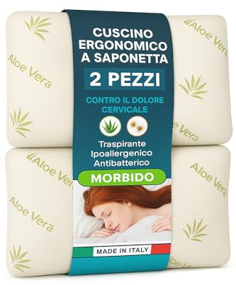 Cuscino Memory Foam Aloe Vera Set 2 Cuscino Ergonomico a Saponetta Antibatterico Ipoallergenico Traspirante per Benessere Notturno e Cuscini Letto Made in Italy per Collo e Cervicale