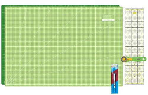 SEMPLIX Cutting Mat Set - Cutting Mat 90 x 60 cm (A1), Rotary Cutter Maxi, Patchwork Ruler + Aqua Trick Marker (Light Green/Green)