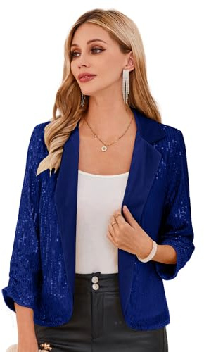 Blazer Élégant à Sequins pour Femme Veste à Manches 3/4 Devant Ouvert Col Revers Slim Fit pour Bureau S Bleu Brillant à Sequins
