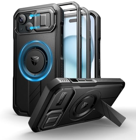Dexnor Kompatibel mit iPhone 15 Hülle mit Kameraabdeckung Schieben & Einstellbarer Kickstand & Integrierter Displayschutz, Robuste stoßfeste Bumper Heavy Duty Mangetic Schutzhülle - Schwarz