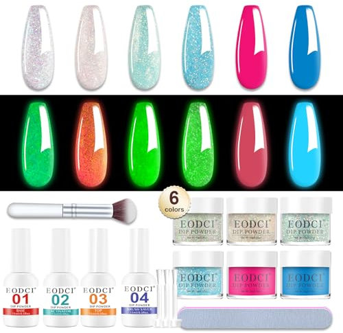 EODCI Juego de uñas en polvo, 6 colores, polvo luminoso, kit de inicio, acrílico con activador, capa superior, bricolaje y casa, espejo