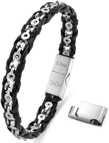 Dada Gioielli - Bracciale Uomo Pelle Acciaio Anallergico Catena Stile Bicicletta Chiusura Magnetica Regolabile (Argento e Nero)