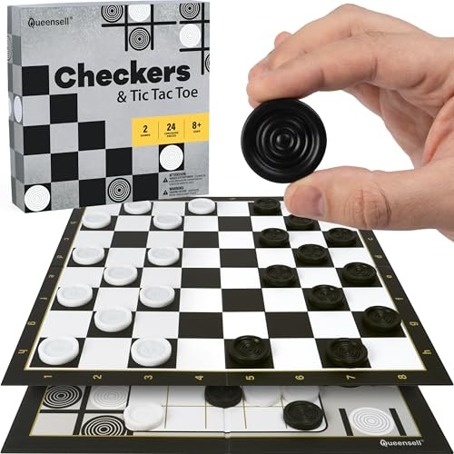 Dame-Brettspiel mit 30 Spielsteinen – Klassisches Brettspiel für Kinder und Erwachsene – Checkers & Tic Tac Toe