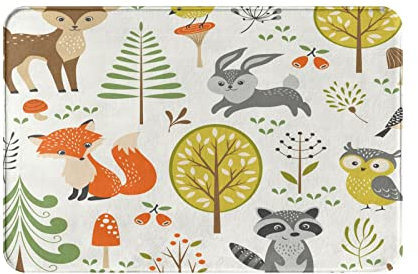 Badematte Niedliche Cartoon Tiere Bäume Pilze Und Beeren Muster Innenmatte Dekoration Fußmatte Innen Waschbar Küchentürteppich, Für Haustür, Badezimmer, Haustür, 60x40cm