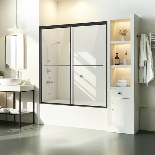 VEVOR Porta Doccia Scorrevole per Vasca da Bagno Doppia Semi-Senza Telaio, Porta Doccia Semi-Senza Telaio, Facile da Pulire e Mantenere, Maniglia in Acciaio Inox, Nero 1524 x 1524 mm