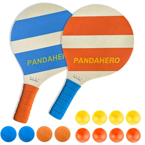 Pandahero Beach Paddle Ball Set – 2 Wooden Rackets with 8 Waterproof Balls + 4 Mini Hockey Balls – Outdoor Matkot Game for Adults Beach, Poolside & Backyard Fun