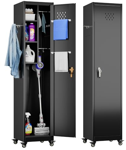 Aobabo 183CM Broom Closet Storage Cabinet with Wheels, Metal Cleaning Tool Janitorial Utility Cabinet Cleaning Supplies with Locking Door Rack Shelf for Broom mops Garage Storage,Black