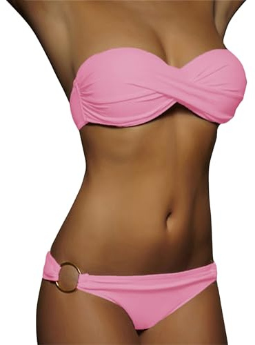 Women's Strapless Bandeau Bikini Set Push Up Padded Bandeau Bikini Sets for Women UK Sexy Halter Bikinis Top & String Bottom Backless Swimming Costume Swimwear for Summer Beach Pink