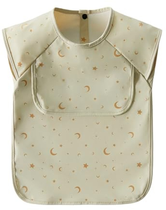 Ziyonix Bavaglino per lo Svezzamento con Maniche Corte, Bavaglino per L'alimentazione del Bambino in Tessuto PU con BLW, Bavaglini Impermeabile e Facile da Pulire per Bambini da 12 a 36 Mesi (Beige)