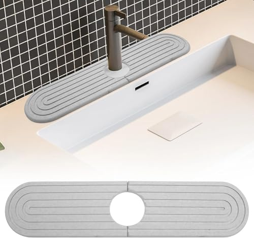 DAWRIS Faucet Mat for Kitchen Sink Kitchen Sink Splash Guard Diatomite Quick Drying Stone Tray for Kitchen Sink Protector Splash Guard for Kitchen Bathroom Counter, Included Sand Paper, Grey 40*10cm