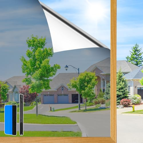 Aurathon Reflective One Way Window Film Privacy, Silver, 59.5x400cm | Adhesive Mirror Window Tint with Tools, Sun Blocker Heat & Glare Control UV Protection See Out Not In Home Office Living Room