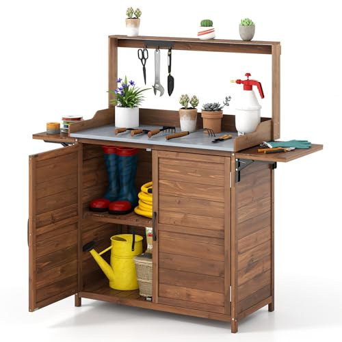COSTWAY Växtbord Utomhus Väderbeständigt, Trädgårdsbord Trä Med Underskåp, Galvaniserad Bänkskiva, Fällbart Sidobord, Trädgårdsbord för Terrass Innergård, 138 x 47 x 128 cm