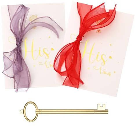 YOKIVE Wedding Day Vow Card Set, (7.87 x 5.51-Inch, Red/Purple), Vow Card with Key Shape Pen for Her & Him Ribbon Version A, Gold Foil, Great Gift for Bride Groom Bridal Wedding