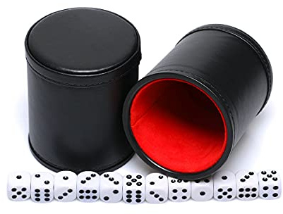 RERIVER Felt Lined PU Leather Dice Cup Set with 6 Dot Dices (Black, Pack of 2)