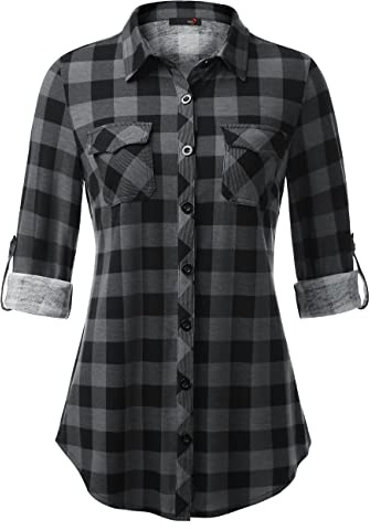 DJT Womens Soft Stretchy Knit Plaid Shirts Roll Up Long Sleeve Collared Button Down Blouses Tops Large Black Plaid