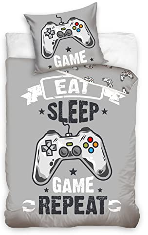 termana Gaming påslakanset barnsängkläder tonåring sängkläder pojkar i grått, örngott 80 x 80 påslakan 135 x 200, speler-sängkläder Eat Game Sleep Repeat