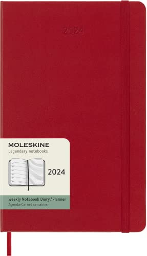 Moleskine Wochenplaner mit Platz für Notizen 12 Monate 2024, Planer 2024, Großformat 13x21, Hardcover und elastischer Verschluss, Farbe Scharlachrot