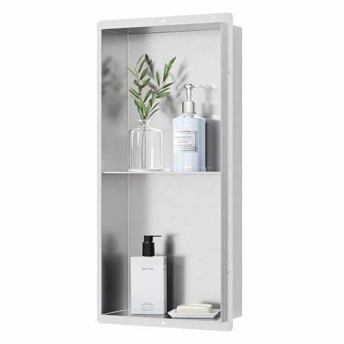Qeke Bathroom Wall Niche, Stainless Steel Shower Niche 12 X 24, Rimless Recessed Wall Shelf for Bathroom, Double Shelves Bathroom Niche No Tile Needed, Brushed Nickel