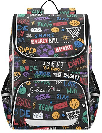 Mnsruu Basketboll graffitimönster barn ryggsäck väska för skolflickor och pojkar, söt skolväska för barn, bokväska för grundskola med reflekterande remsa, A50