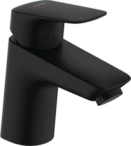 hansgrohe Logis - Tvättställsblandare med lyftventil, energibesparande (CoolStart), Vattenkran badrum med utloppshöjd 67 mm, Badrumskran vattenbesparande (EcoSmart), matt svart, 71072670