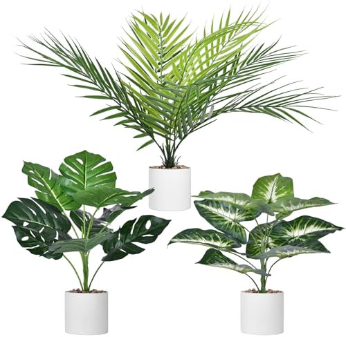 Beinhome Künstliche Tropische Pflanzen, Monstera&Areca Kunstpalme& Dieffenbachia(35cm)，künstliche Pflanze für Wand, Zimmer, Zuhause, Innen- und Außenbereich, Regaldekoration, 3 Stück