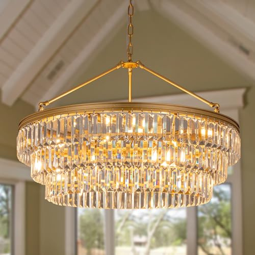 TOCHIC Gold Crystal Chandelier for Bedroom, 29 Modern Farmhouse Chandelier Light Fixture for Dining Living Room, Adjustable Round Hanging Chandelier for Kitchen Island, Foyer, Entryway