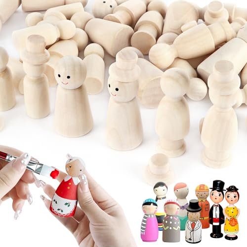 ENUTROF Holzfiguren Puppen 50Stk Holzkegel zum Bemalen und Basteln Spielfiguren Holz für Kinder Malen Familie DIY Basteln Hochzeit Geburtstag Dekoration Weihnachten