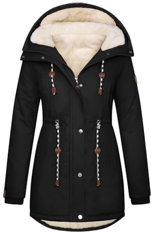 TOMEEK Manteau Femme Hiver Chaud Veste Parka Chauffante Blouson Polaire Longue Manteau à Capuche Chic et Elegant Outercoat avec Poches Doublure en Peluche Zippé Jacket,Noir,Taille XXL