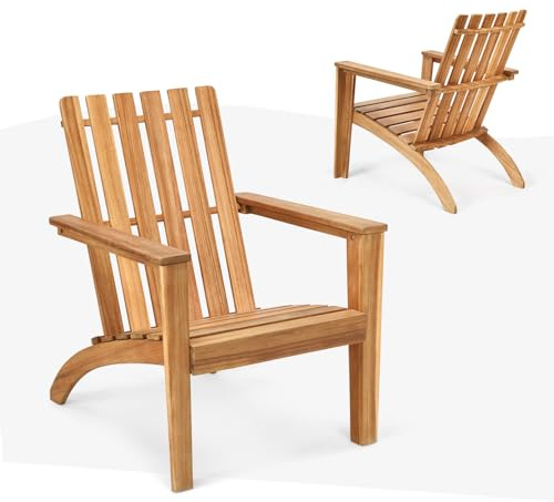 KOMFOTTEU Silla Adirondack de Madera de Acacia, Silla de Jardín con Respaldo y Reposabrazos, Sillón Ergonómica con Carga de hasta 160 kg, Silla de Relajación para Balcón, Terraza (Natural)