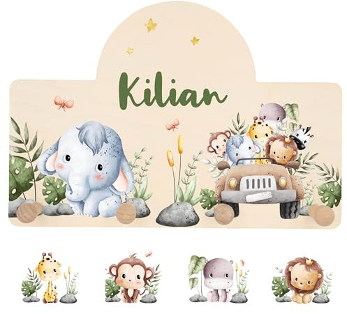Geschenkfreude Personalsierte Kindergarderobe mit Namen aus Holz - Kinder Garderoben einzigartige Kinderzimmer Deko - tolle Wandgarderobe - Baby Garderobe - Kleiderhaken für Kinder - Baby Safari