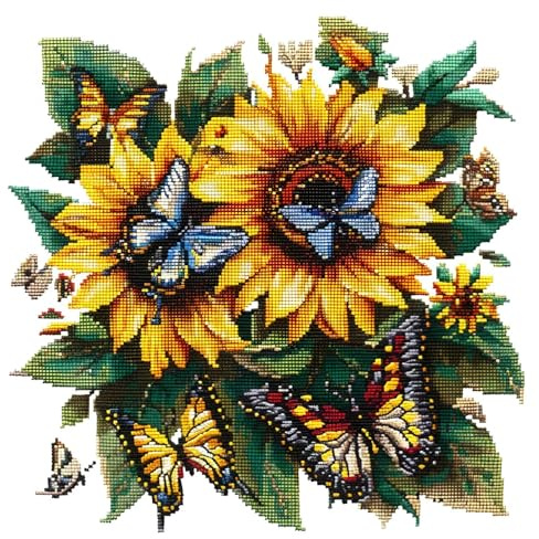 Xinpinzhou Kit Punto Croce Girasole, Schemi Quadri Set Ricamo Punto Croce Kit da Ricamare Principianti Starter Prestampato Stampato Completo Bambini Cross Stitch Embroidery Ricami 36 x 36 cm