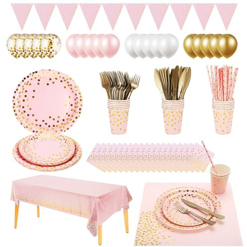 Pink and gold party supplies, party cutlery set includes: paper plates, napkins, cups, straws, and cutlery - engagement anniversary, parties, graduation ceremonies, Christmas parties (pink)