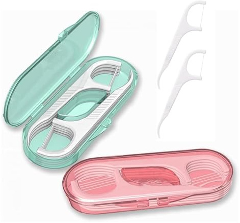 2PCS Dental Floss Case, Reusable Dental Floss Picks with Travel Cases Portable Floss Dispenser with 20 Dental Floss for Adults Pink Mint Green