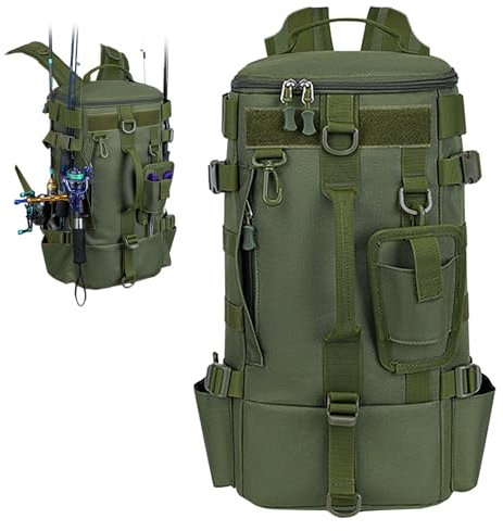 Yunlaishaocer Angelrucksack, Angelrucksack mit Rutenhalter, Wasserdichter Angler Rucksack aus Oxford-Stoff, Lässiger Outdoor Rucksack, Mehrzweck Angel Rucksack für Campin Radfahren Militär(Grün)